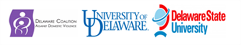 Logos of DCADV, UD, and Delaware State University together to represent project collaboration