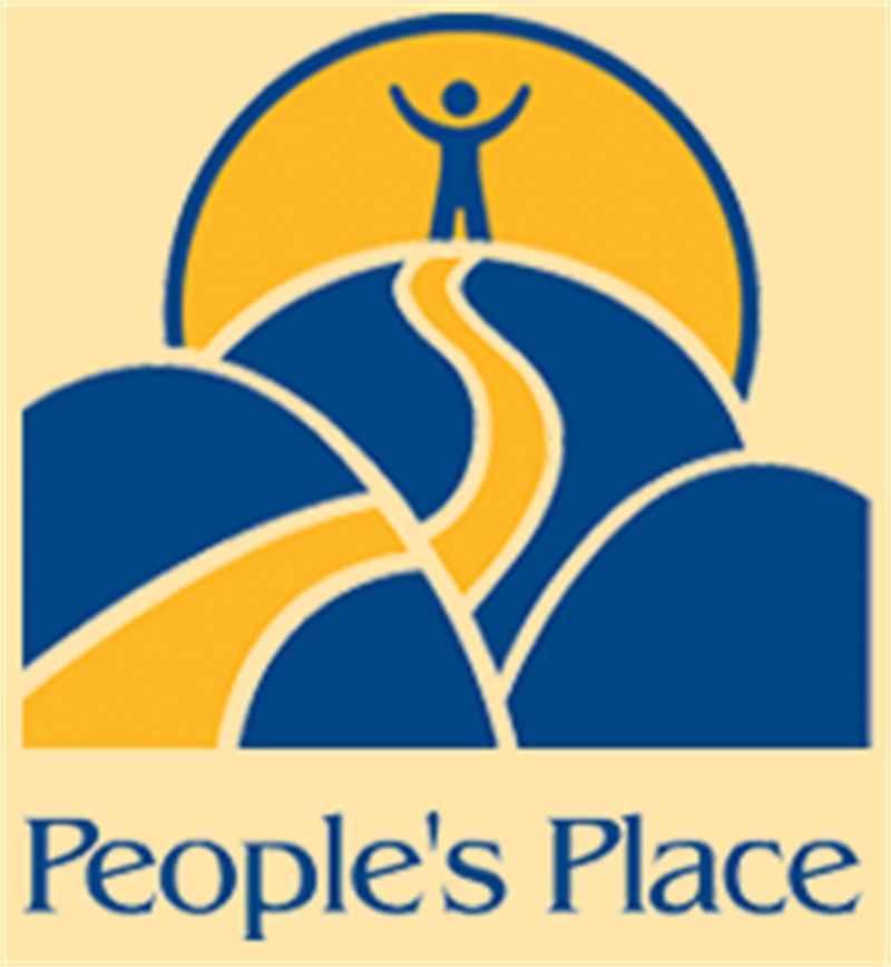 The logo for the organization People's Place, a drawing that represents a person standing tall on top of a mountain, able to accomplish anything with support