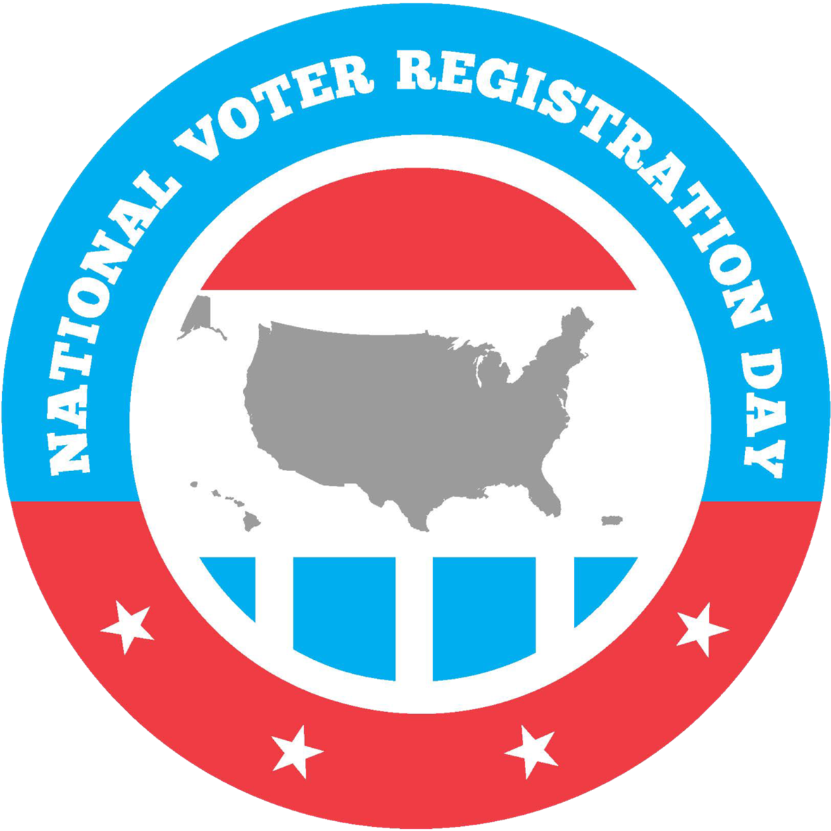 A blue and red seal featuring the text "National Voter Registration Day" and a silhouette of the United State of America in black.